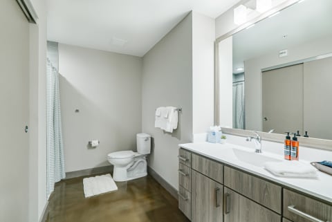 A contemporary bathroom with a white toilet, wood vanity, and shower curtain.