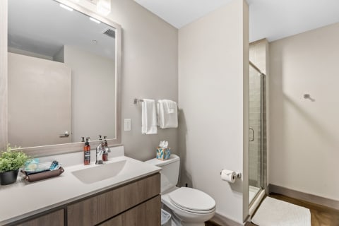 Modern bathroom with double sink vanity, clean decor, and glass shower.