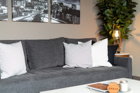A stylish living room with a gray couch, decorative pillows, framed cityscape art, and a potted plant.
