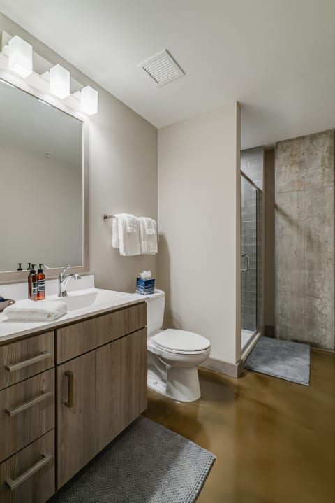 Interior view of a contemporary bathroom featuring a vanity, mirror, and glass shower.