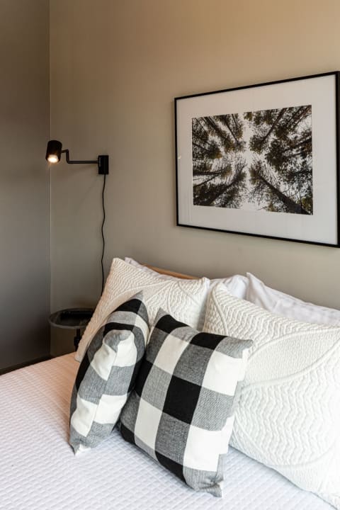 A cozy bedroom with black and white checkered pillows, a wall sconce, and nature-themed artwork.