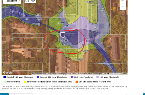 Aerial flood zone map showing flood risk areas and the property location with color-coded overlays.