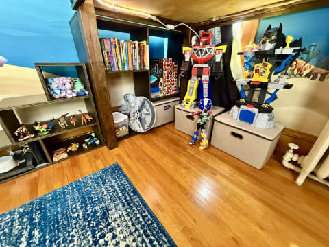 A vibrant room corner with bookshelves, action figures, and plush toys.
