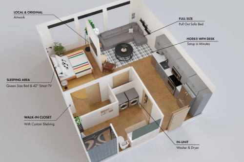 Explore this thoughtfully designed layout featuring a modern kitchen, cozy living space, and comfortable sleeping quarters perfect for your stay.